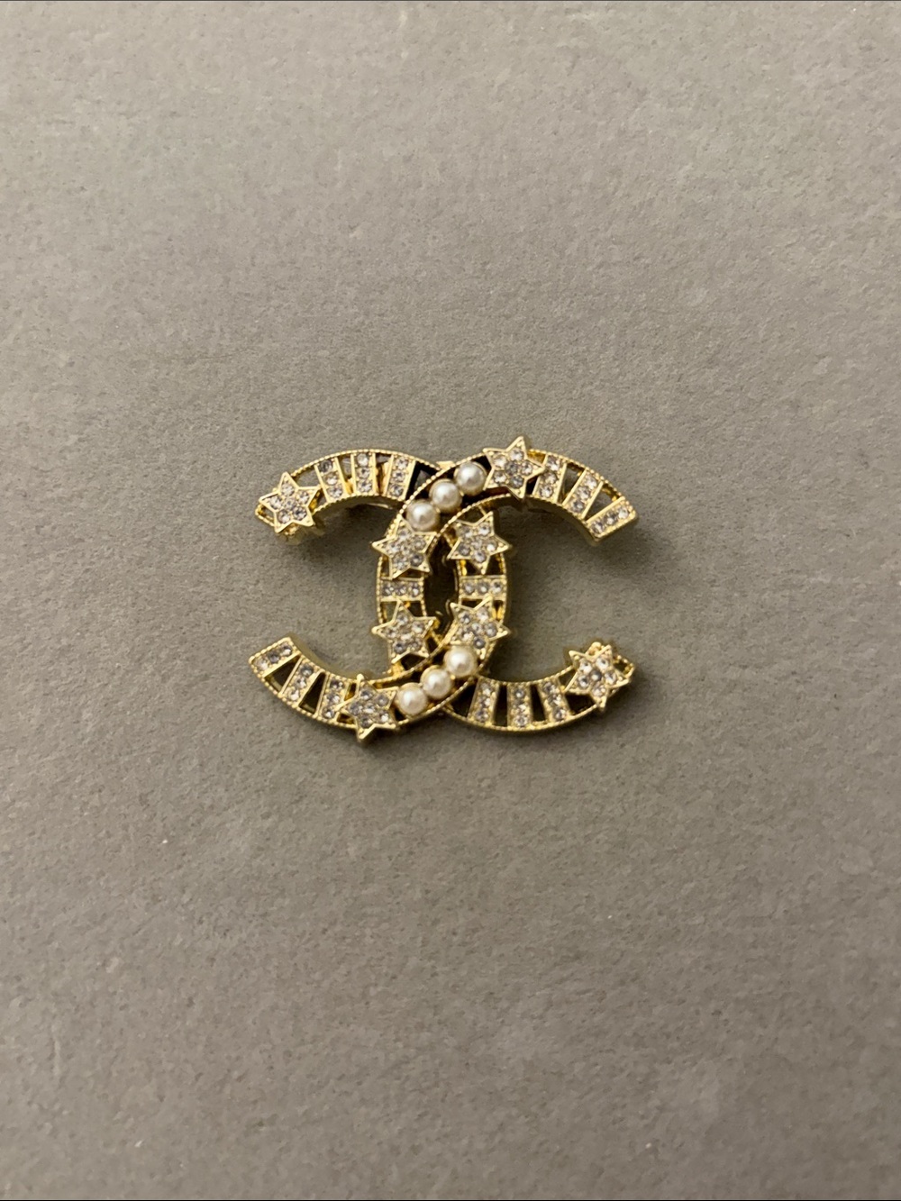 Gold Pearl & Crystal Interlocking Logo Brooch